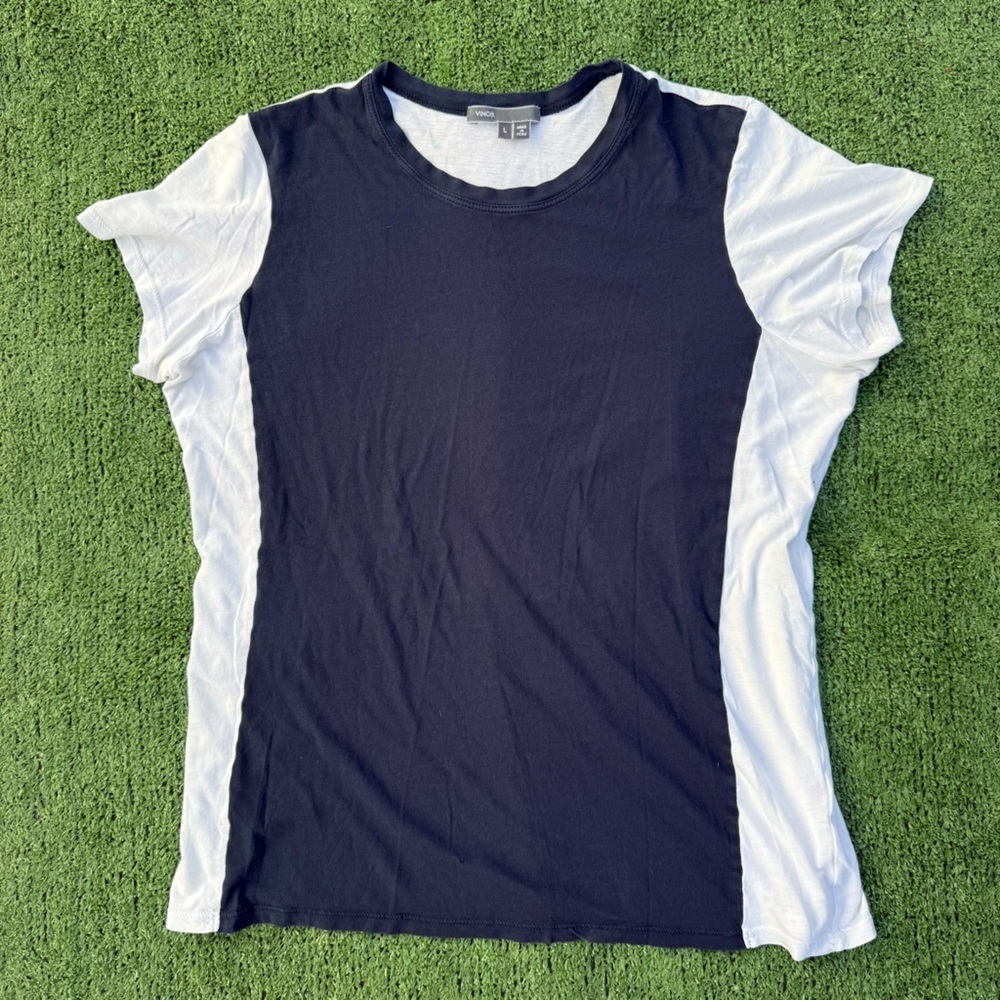 Vince Pima cotton color block navy and White Top, size L